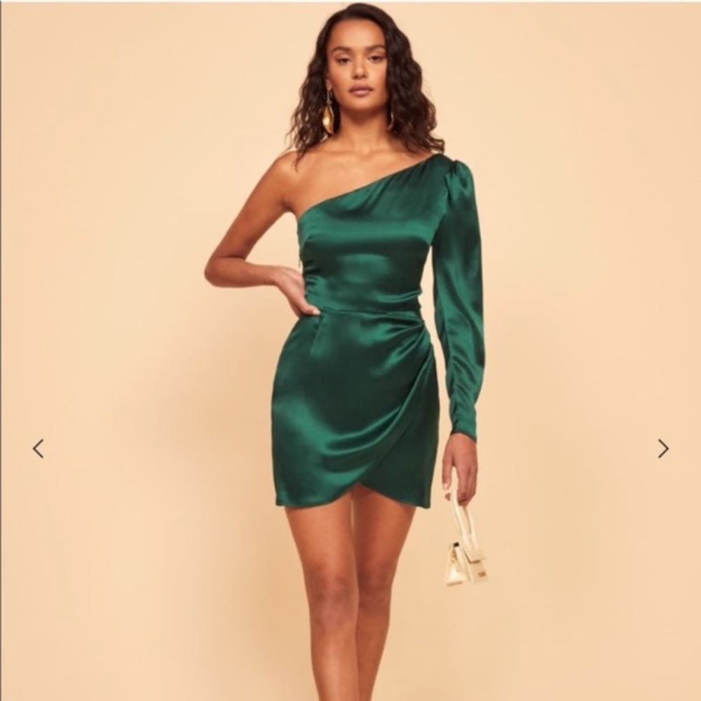 Reformation Hyperion emerald green silk one shoulder mini dress